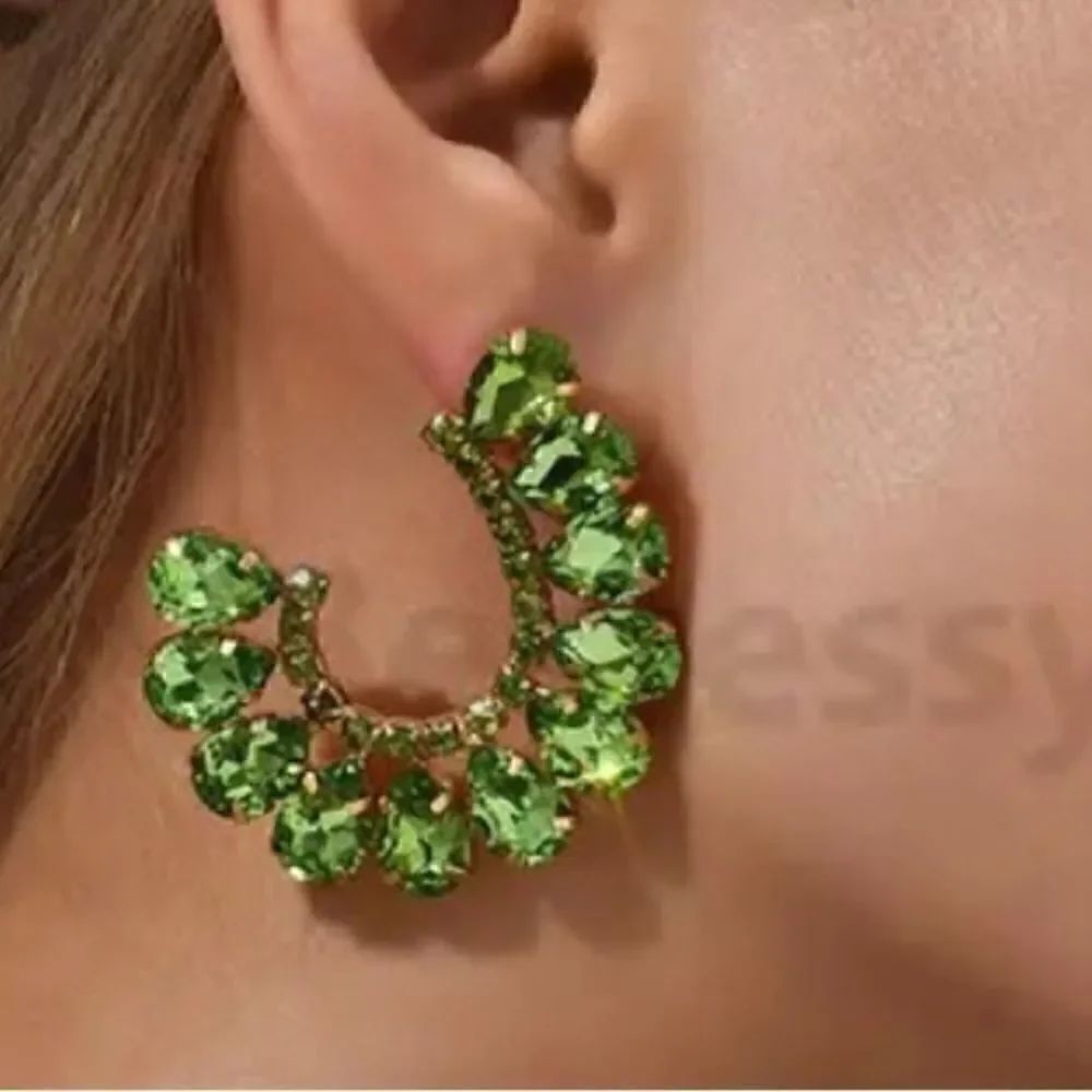 GREEN EMERALD COLORED LUXURY EARRINGS WOMEN CRYSTAL GOLD
